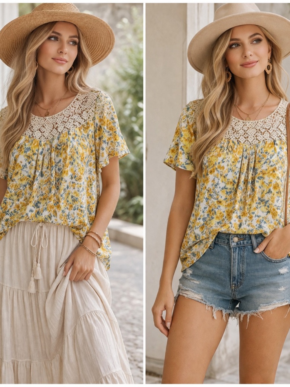 Umgee Yellow Floral Crochet Yoke Blouse 06-0203
